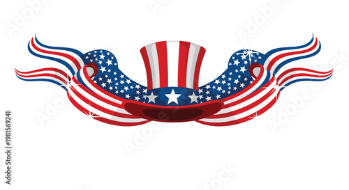 Patriotic Uncle Sam hat with flowing American flag ribbons and stars on a clean white background for fourth of July celebrations.