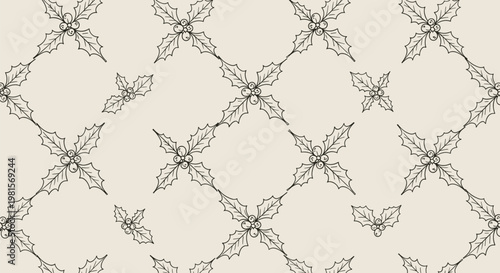 Seamless vintage hand-drawn holly berry pattern featuring elegant black and white botanical sketches on a neutral background.