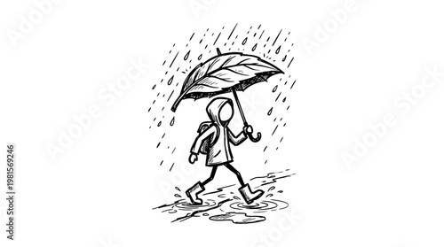 Child Walking Under a Leaf Umbrella in the Rain