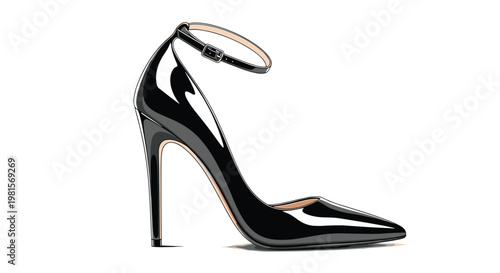 Sophisticated black patent leather high heel stiletto pump with a thin ankle strap and pointed toe for formal fashion design needs.