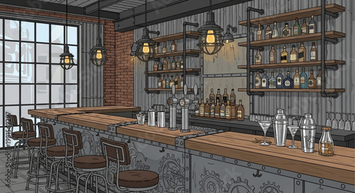 Interior of a Stylish Bar with Industrial Design Elements.