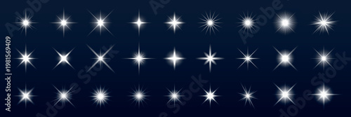 Collection of bright starbursts on a dark background. Starbursts vary in size and intensity. Perfect for adding sparkle. Starbursts create a dazzling effect. Overlay effect vector element set.