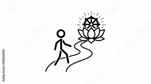 Path to Enlightenment Stick Figure Following Lotus and Dharma Wheel