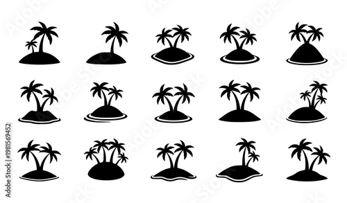 Tropical island silhouette icon set vector palm tree beach summer collection