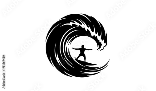Surfer silhouette inside wave vector dynamic surfing ocean curl illustration