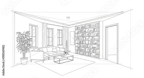 Interior sketch showcasing a living room with furniture and decor.