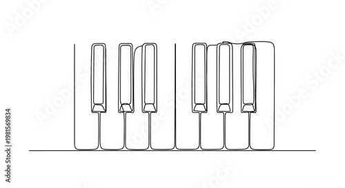 Minimalist Piano Keys Line Art, Musical Instrument, Black and White Single Line Drawing
