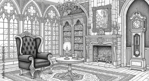 Intricate Victorian Room Interior with Armchair and Grandfather Clock.