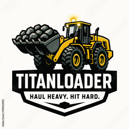 Yellow titan loader with a full bucket of stones, ideal for company logos and branding. Great for construction and industrial designs.