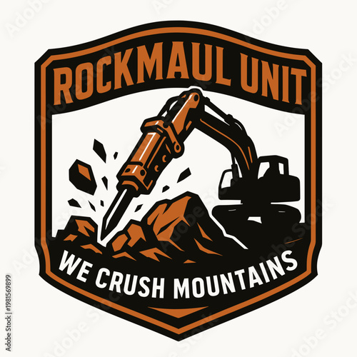 Excavator patch crushing mountains. Suitable for construction, mining, heavy machinery, industrial, and engineering concepts in designs and projects.
