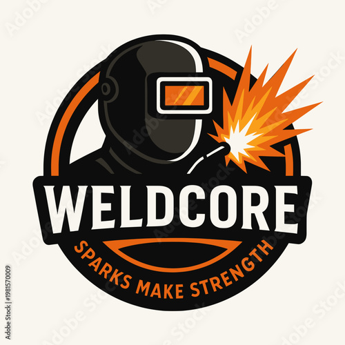 Weldcore logo suitable for welding companies, metalworking businesses, and industrial projects showcasing a skilled welder and sparks imagery.