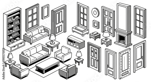 Isometric Living Room Furniture Set - Sofas, Chairs, Tables, and Doors.
