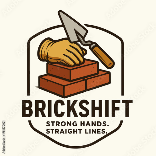Brickshift logo features bricks, glove, and tools for construction branding. Ideal for construction companies, contractors, and home improvement businesses.