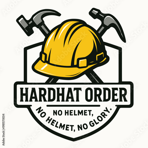Construction worker in hard hat holding crossed hammers. Suitable for construction, trades, building, labor, industry, safety, workplace themes.