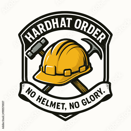 Presents hard hat and crossed tools with editable text for construction or builder projects. Versatile design suitable for building companies.