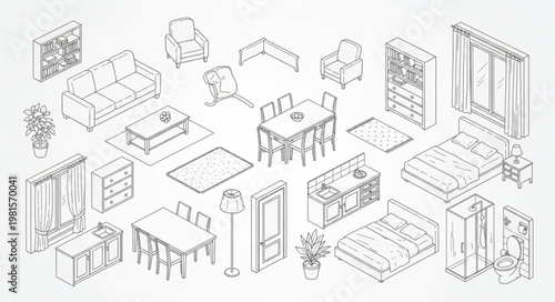 Isometric Furniture Set - Detailed Line Art for Interior Design.