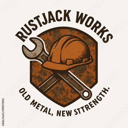Hardhat and wrench artwork with rustjack works inscription is ideal for construction logos, safety posters, industrial company branding.