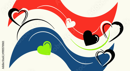 Abstract hearts flowing on wavy background, Dutch flag colors, love concept