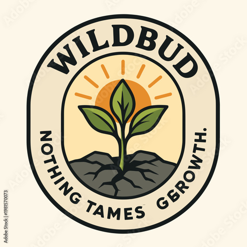 Wildbud logo with a resilient plant on rocks, ideal for strong branding. Perfect for natureinspired businesses needing a unique logo.