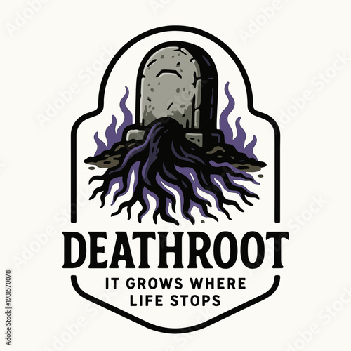 Deathroot design with tombstone and tangled roots, perfect for halloweenthemed graphics, dark fantasy illustrations, or spooky merchandise design projects.