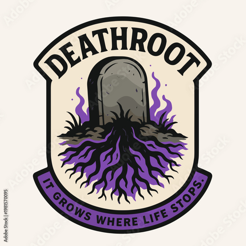 Deathroot tombstone with purple flames and roots, suitable for halloweenthemed designs or spooky themed graphics needing a haunting aesthetic.