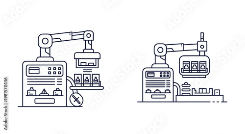 Automated industrial robot arm in production line, manufacturing process, factory automation