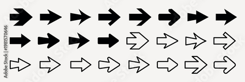 Various black arrow icons in different styles and directions, including solid and outlined arrows, pointing left and right, in a simple design. Element vector set.
