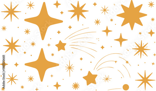 Golden stars and shooting star elements on grey background abstract festive design.