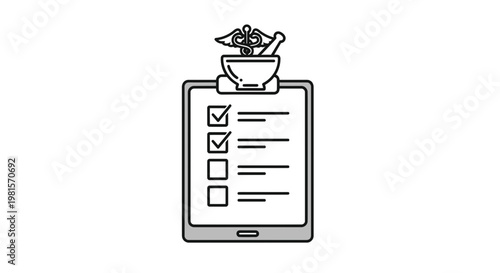Medical Checklist Clipboard with Caduceus and Mortar Pestle Icon