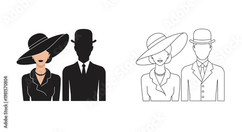 Elegant couples in vintage attire depicted as black and white silhouettes