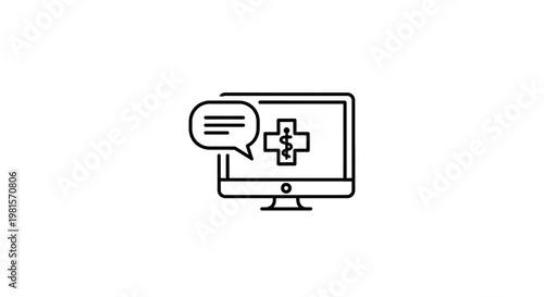 Online medical consultation icon, computer screen with medical cross and chat bubble