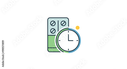 Pill blister pack and clock icon, representing medication schedule and time management