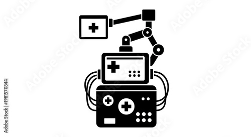 Retro Gaming Console with Robotic Arm and Screen, Vintage Technology Concept