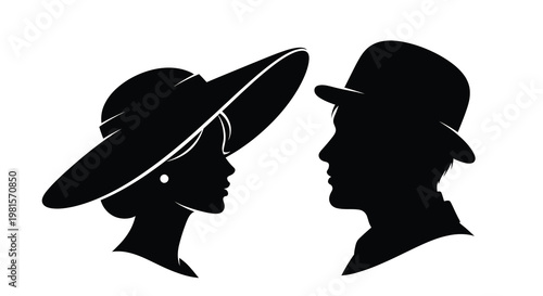Silhouetted couple facing each other a woman and a man in hats