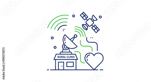 Rural clinic connected to satellite via satellite dish for telemedicine and healthcare services