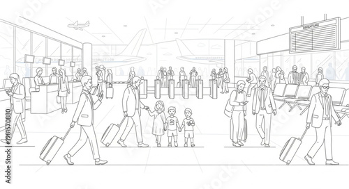 Line Art Depicting a Busy Airport Terminal Scene.