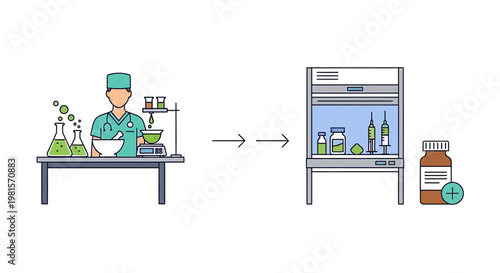 Scientist preparing medicine in lab, then sterile packaging in cleanroom