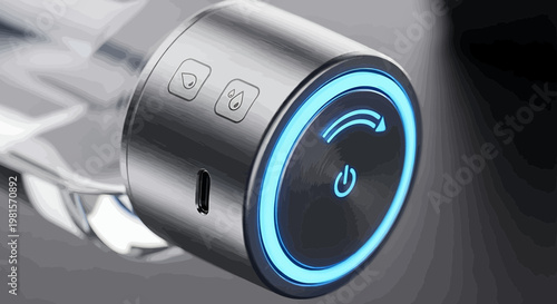 Close-up of a Bluetooth FM transmitter with blue glowing ring and buttons car audio music