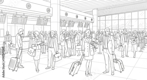Line Art Depiction of a Crowded Airport Terminal Scene.