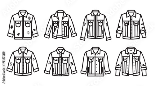 Denim Jacket Collection With Varied Styles In Simple Outline Graphics
