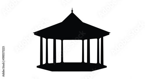 A black silhouette of an ornate octagonal gazebo structure