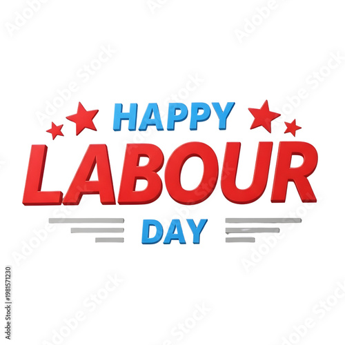 Happy labour day greeting with red stars and bold text on white background