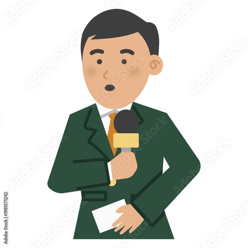 Vector illustration of male TV presenter in suit holding a microphone and cue card