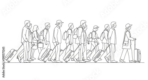 Line Art Depiction of a Group of Travelers with Luggage.