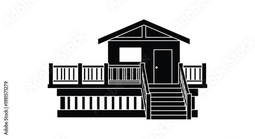 Simple black and white illustration of a cabin with a porch and stairs