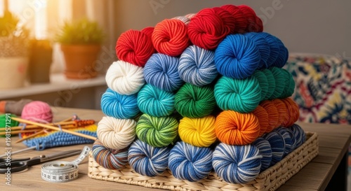 Vibrant Stack of Colorful Yarn Skeins for Knitting and Crochet Crafting Projects