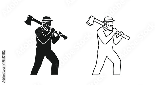 Two lumberjacks carrying axes presented in contrasting black and white styles