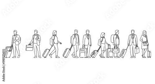 Line Art Depiction of Travelers with Luggage in a Row.