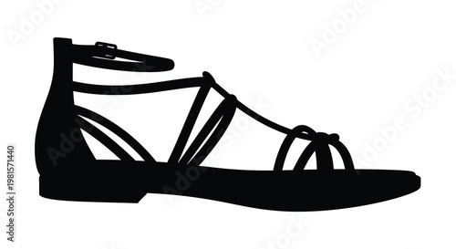A black silhouette of a strappy gladiator sandal on a white background
