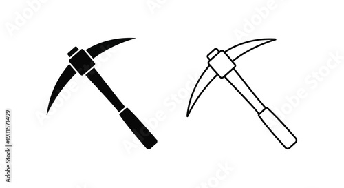 Two pickaxes depicted in black one filled one outlined